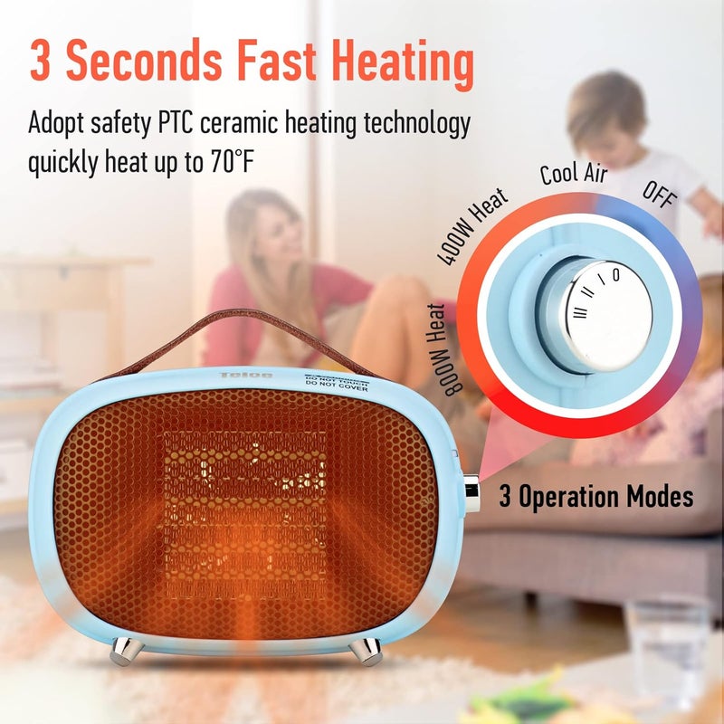 Teioe Space Heater, Mini Electric Space Heater 800W/400W, Small PTC Ceramic Heater with Tip-Over and Overheat Protection, 3 Operating Modes, Space Heaters for Indoor, Office, Bedroom(Sky Blue) - Image 3